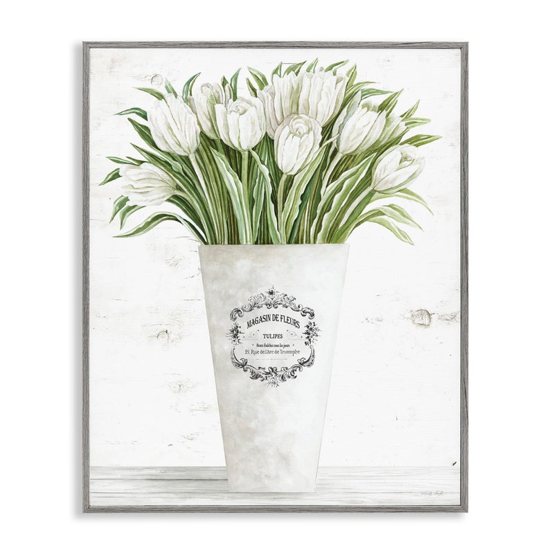 Stupell Industries White Tulip Bouquet in Parisian Vase Floral Arrangement Framed Giclee Art Design by Cindy Jacobs - Image 1